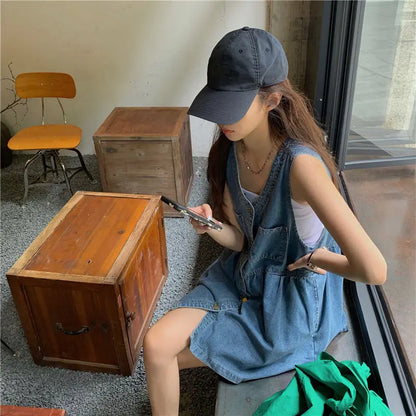 lovwvol Sleeveless Dress Women Streetwear Single Breasted Pockets V-neck Denim Females Mini Dresses A-line Pleated Vintage Korean Style