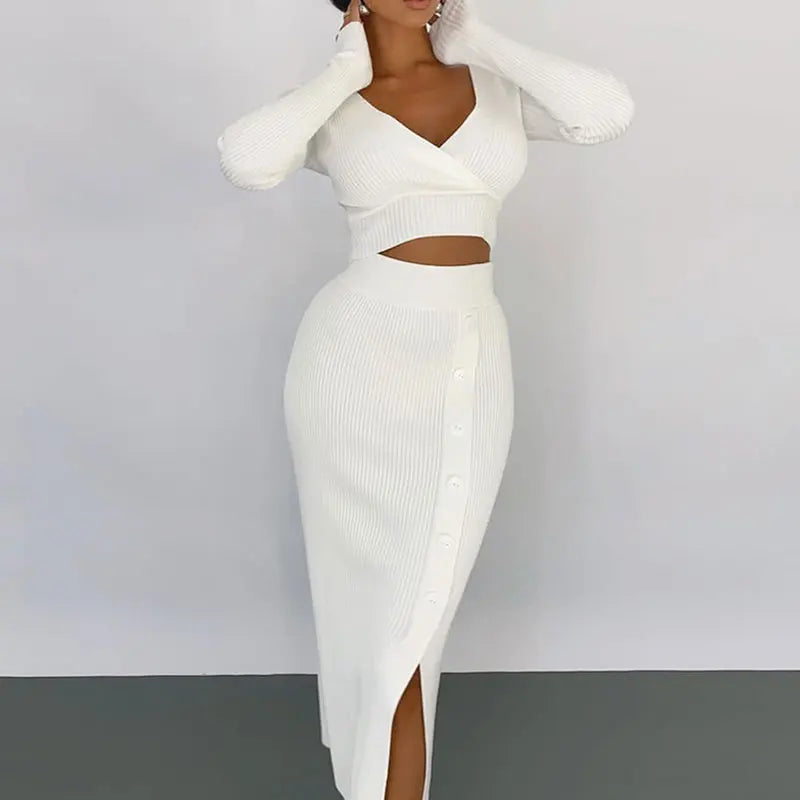 lovwvol  -  Autumn Knitted V-Neck Crop Top Midi Skirts Sets Women Winter Long Sleeve T-Shirt 2 Piece Set Female Button Split Skirt Suit