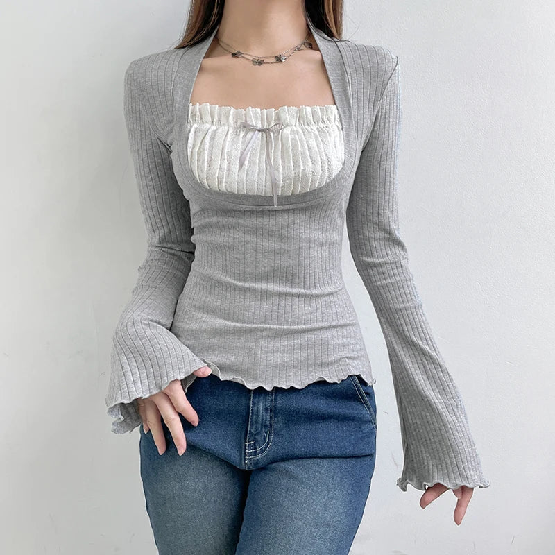 Cute Bow Stitched T-shirts Ladies Kawaii Folds Square Collar Full Sleeve Patchwork Fake Two-piece Crop Top Autumn Shirts