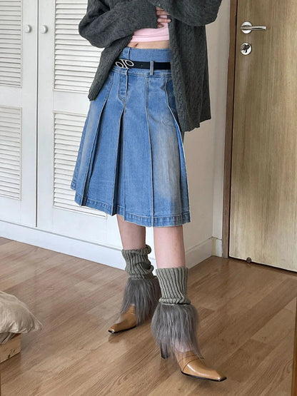 lovwvol Vintage Knee-length Midi Long Pleated Denim Skirt Women Acubi Fashion Grunge Y2k Streetwear Blue Jeans Bottoms Female