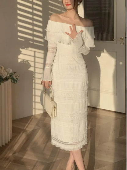 lovwvol White Elegant Vintage Midi Dress Women Ruffles Sexy Beach Party Bodycon Dress Female Silm One Piece Dress Korean Summer Y2k