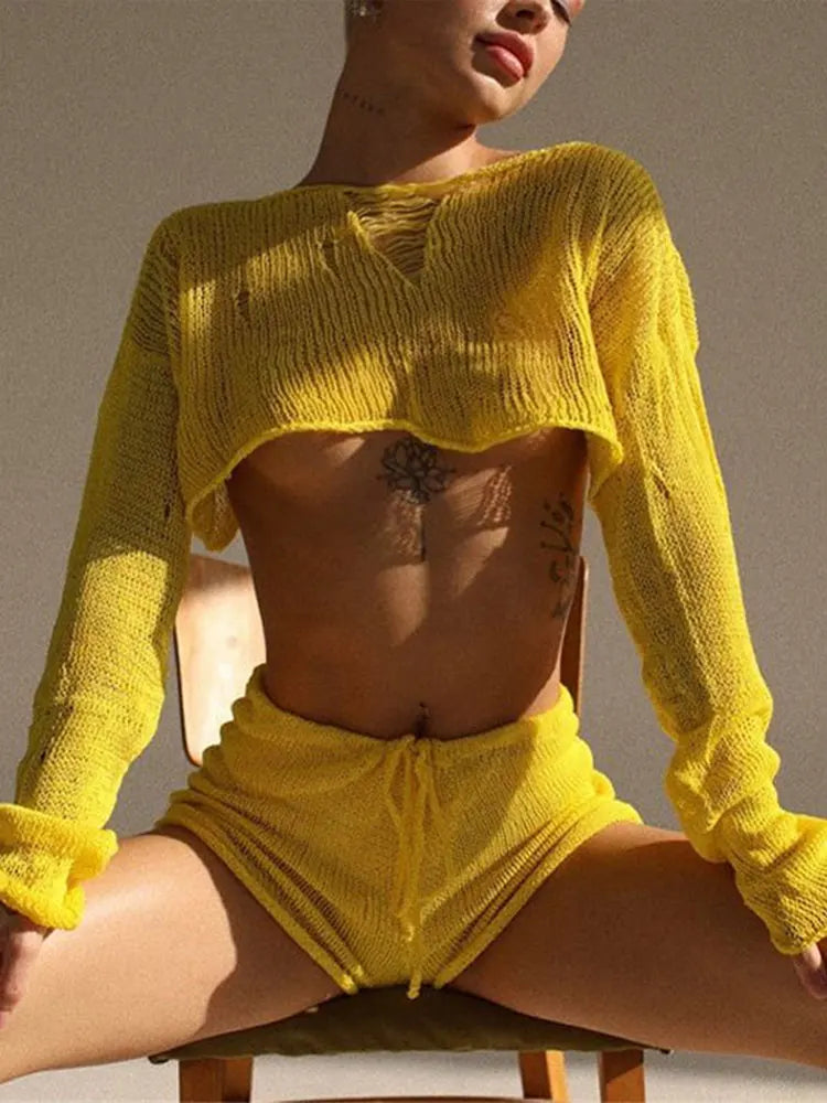 lovwvol  -  New Sexy Beach Crop Top Shorts Sets Women Knit Long Sleeve Lace Up Female Suit Summer Holiday See Through 2 Piece Set