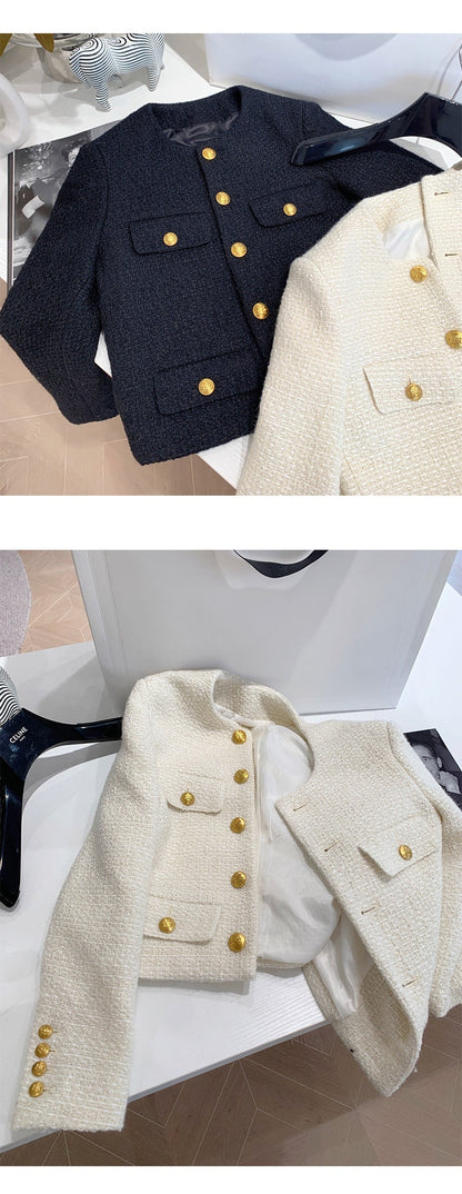 Autumn Winter Small Fragrant Tweed Jacket Coat Women Vintage Woolen Short Coats Streetwear Elegant Casual Slim Outwear Crop Top