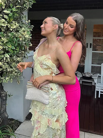 Pink Chiffon Ruffle Sling Maxi Dress  Women Chic Sweet Sleeveless V Neck Holiday Robe 2024 Spring Lady Beach