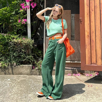 lovwvol Women's Green High Waisted Wide Leg Jeans Summer New Street Cool Girl Bottoms Thin Pants Female Printed Baggy Denim Trousers