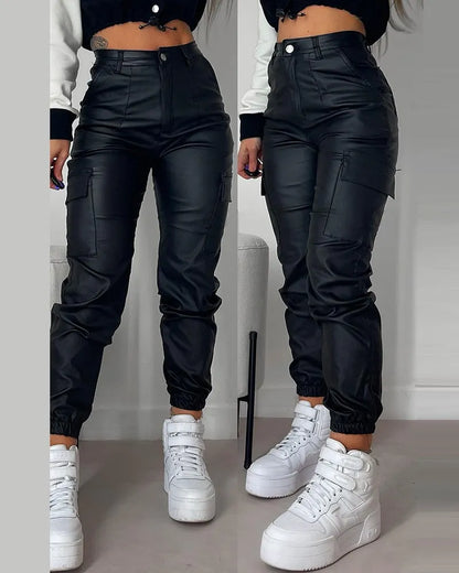 Cuffed PU Leather Pants for Women Slim Fit Long Skinny Trousers Casual and Cuffed Fashion Spring, Lady