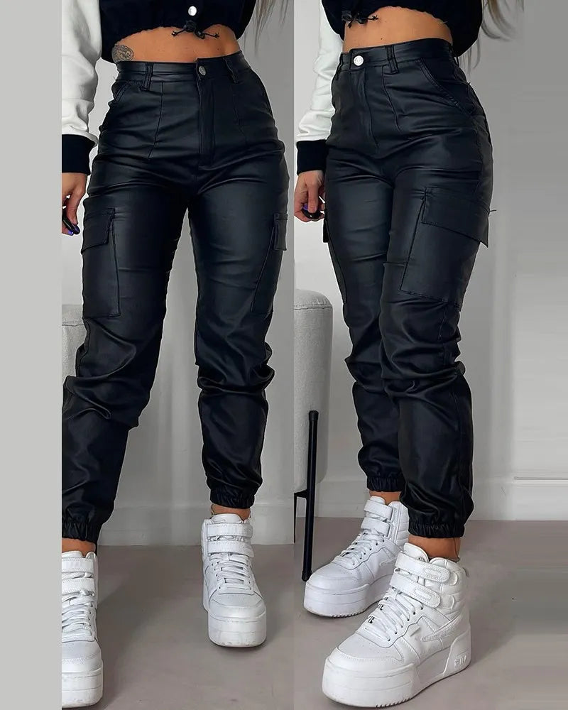 Cuffed PU Leather Pants for Women Slim Fit Long Skinny Trousers Casual and Cuffed Fashion Spring, Lady 2024