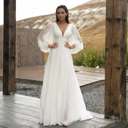 lovwvol Wedding Dress Women 2024 A-Line White Chiffon Long Puff Sleeve Backless Pleat Bridal Gown  Customize To Measures 2024 Bride Gown