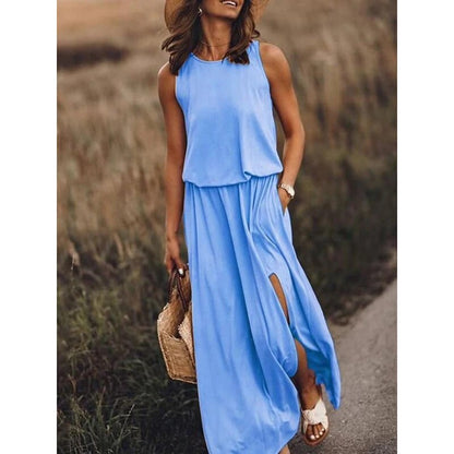 lovwvol Summer Solid Long Dress Women Casual Sleeveless Elastic Waist Side Slit Maxi Dresses Female O-Neck Loose Tank Dress Sundress