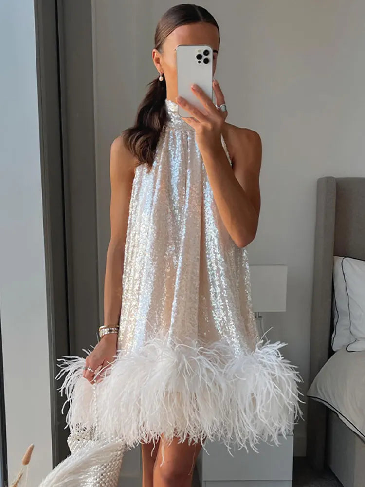 Hanging Neck Sequined Dress For Women Fashion Sleeveless Mini Dress Sparkling Hem Slim Temperament Night Gowns Vestidos