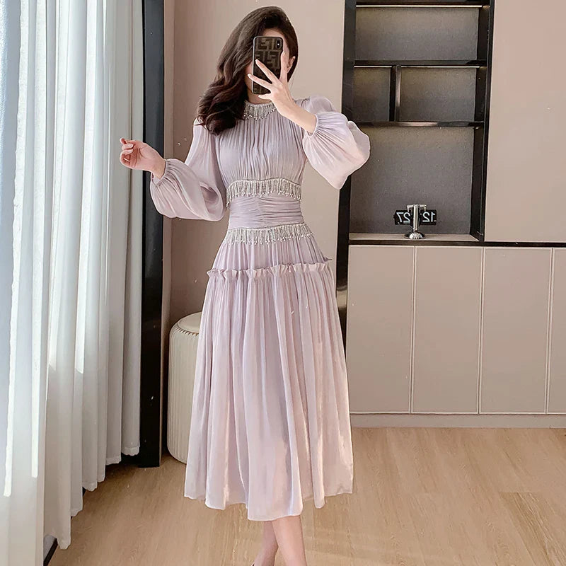 French Women Designer Fashion Organza Stand Collar Party Dress Luxury Spring Diamonds Tassel Ruffles Puff Sleeve Slim Midi Dress