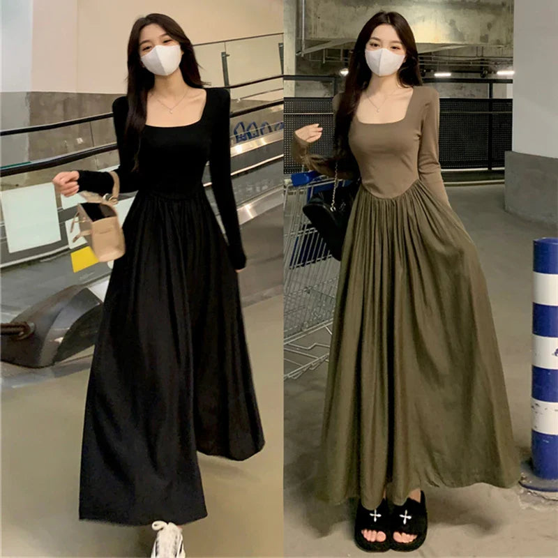 lovwvol Spring New Hepburn Style Gentle Temperament Pocket Waist Slim Panel Large Hemline Long Sleeve Dress