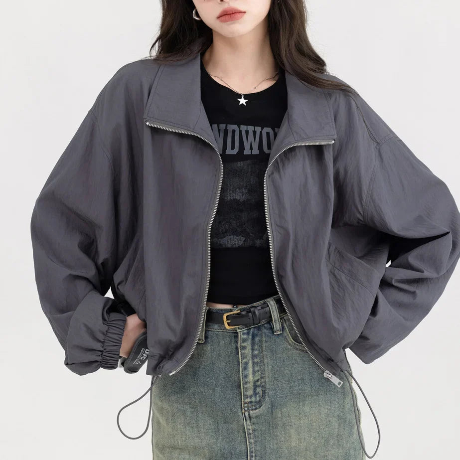 lovwvol  Korean Y2K Dark Grey Jackets Women Windbreaker Crop Jacket Female Harajuku Korean Oversize Zip Up Outdoor Tops