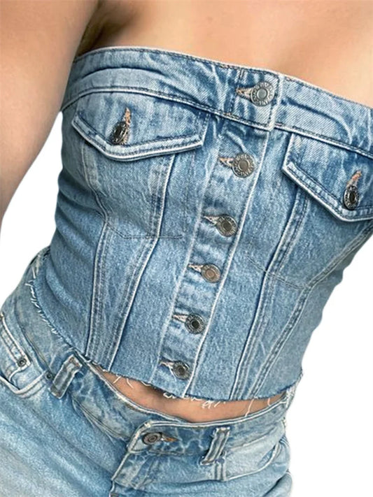 lovwvol Women Sexy Tube Tops Sleeveless Buttons Up Bustiers Corsets Strapless Denim Off Shoulder Cropped Tank Mini Vest