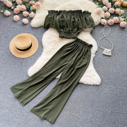 2024 Summer Green/Black/Red Two Piece Set Women Sexy Slash Neck Short Tops + High Waist Wide Leg Pants Female Suit New