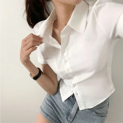 lovwvol Women Blouses Basic White Shirts Preppy Style Cropped Short Sleeve Tops Female Slim Office Wear Korean Fashion Casual