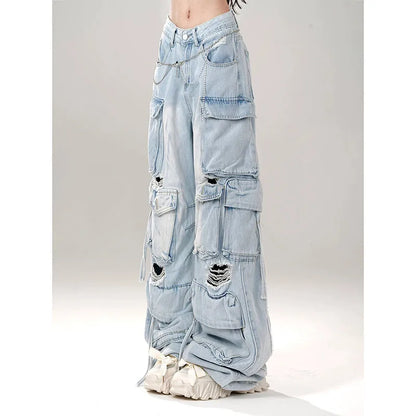 lovwvol Women Blue Pocket Baggy Cargo Jeans Harajuku Streetwear 90s Y2k Oversize Denim Trousers Vintage 2000s Style Trashy Jean Pants