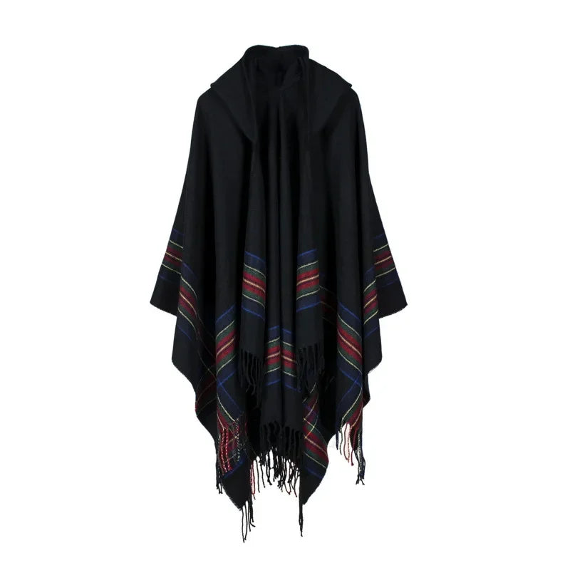 lovwvol Fringed Stripe Jacquard Knit hooded cloak Women Shawl Cape Cardigan Winter Warm Vintage Scarves Ponchos Scarf Outwear