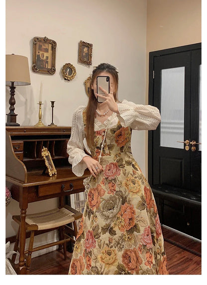 lovwvol Print Retro Elegant Fairy Dress Women Lace Korean Style Evening Party Midi Dress French Vintage Floral Dress Female Summer