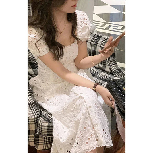 lovwvol   Elegant White Dress Women Korean Hollow Out A Line Midi Dresses Summer Sweet Vintage Puff Short Sleeve Slim Chic Vestidos