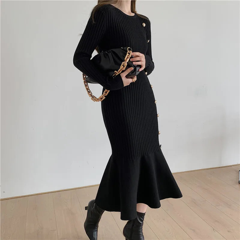 lovwvol Vintage Midi Dresses for Women Clothing Long Sleeve Elegant Button Warm Trumpet Mermaid Knitted Sweater Bodycon Dress Winter New