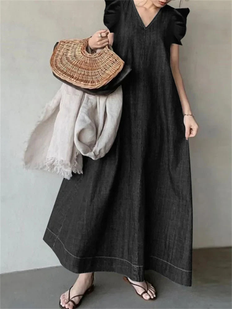 lovwvol Vintage Blue Denim Dress Women Summer Sleeveless V Neck Long Dresses Female Oversized Loose Casual Simple Vacation Maxi Dress