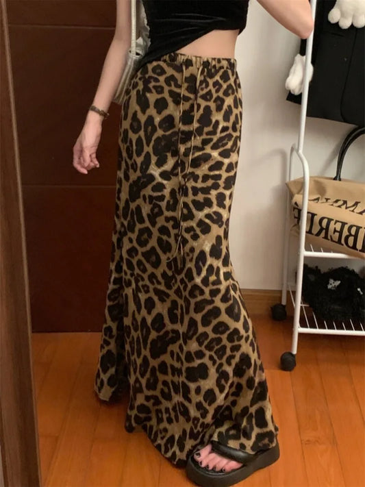 lovwvol  -  American Vintage Leopard Pattern High Waist Drawstring Wrapped Hip Skirt Mid Length A-line Chiffon Fishtail Skirts