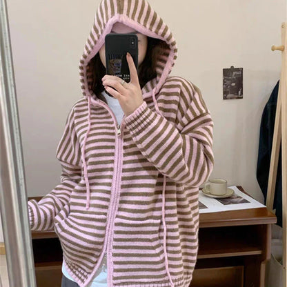 Contrast Color Striped Fashion Casual  Hooded Cardigans Autumn Sweet Sweaters Y2k Aesthetic All Match Women Dual Zippers Tops