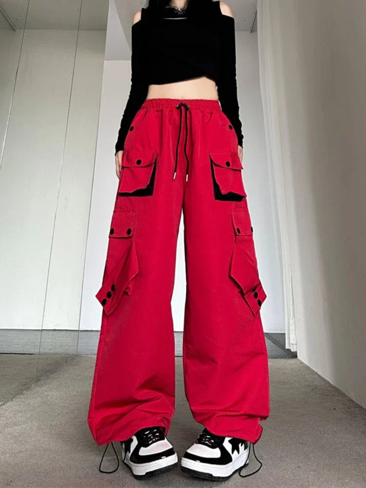 lovwvol  -  Y2k Aesthetic Black Cargo Pants Women Drawstring Harajuku Wide Leg Loose High Waist Streetwear Casual Autumn Trousers Joggers