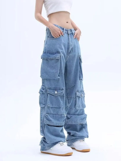 lovwvol Y2k Vintage Cargo Pants Women Multi-pocket Blue High Waist Jeans Streetwear Fashion Harajuku Casual Denim Wide Leg Pants