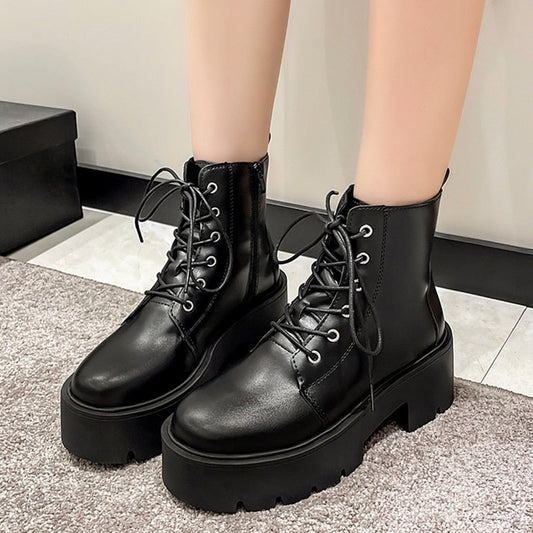 Black Chunky Platform Ankle Boots for Women 2023 Spring Thick Bottom Lace Up Shoes Woman Retro White Pu Leather Short Boots