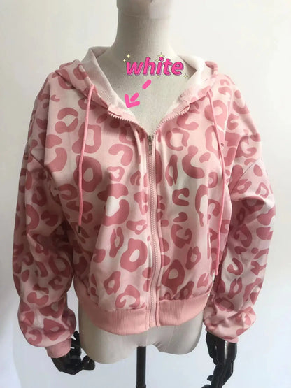 Preppy Style Pink Sweatshirts Leopard Print Y2K Harajuku Oversized Hoodies Women Vintage Zipper Cropped Top Cute Jacket