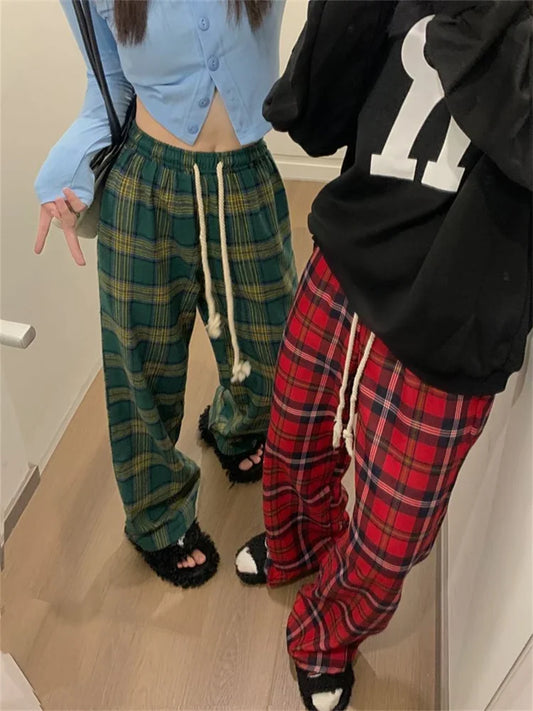 lovwvol Korean Fashion Red Plaid Pants Women Y2K Vintage Green Oversized Wide Leg Checkered Trousers Harajuku Jogging Sweatpants