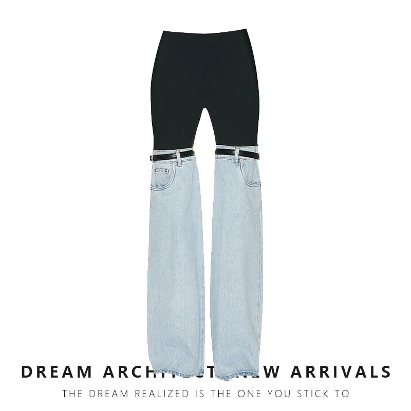 Spliced Jeans Spring  New High-waist Straight Fashion High Street Ankle-Length Pants