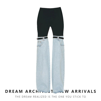 Spliced Jeans Spring 2023 New High-waist Straight Fashion High Street Ankle-Length Pants