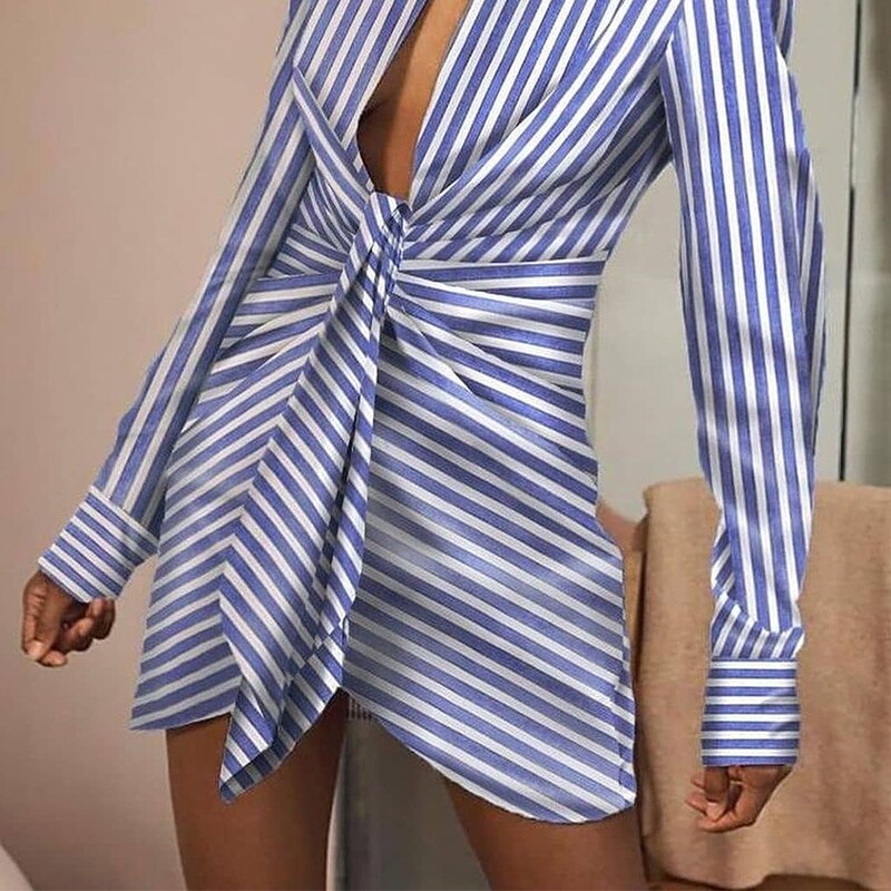 Women Elegant Turn-Down Collor Folds Party Dress Casual Striped Printed Ladies Shirt Dress Autumn Long Sleeve Slim Fitness Dress