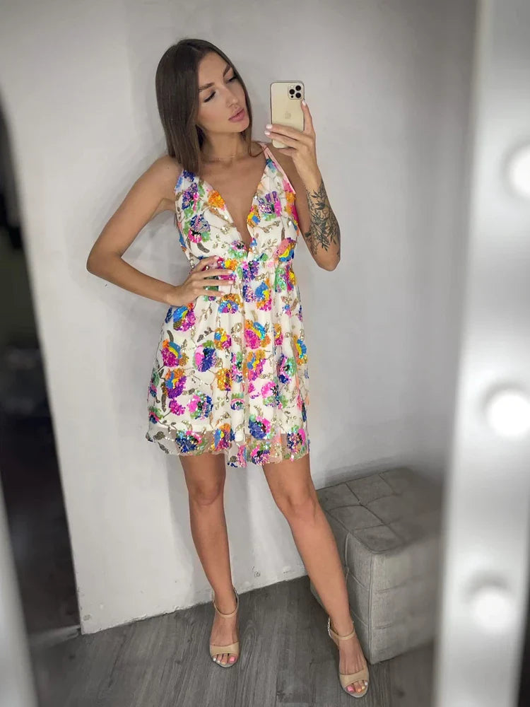 lovwvol Sexy Sleeveless Floral Sequin Pink Evening Night Out Party Dress Deep V Neck Backless Short Night Club Out Summer Mini Dress