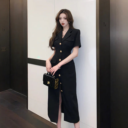 lovwvol French Elegant Suit Collar Midi Dresses for Women Summer New Vintage Fashion High Waist Short Sleeves Black Female Clothing