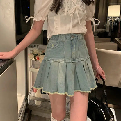 lovwvol New Do Old Denim Skirt For Students Female Spring Summer New Large Size High Waist Slimming Chic Frilled A-Line Pleated Skirt