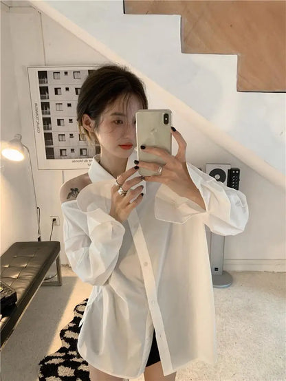 lovwvol Women Blouses White Off Shoulder Oversized Korean Fashion Sexy Chic Aesthetic Shirts Elegant Female Tops Streetwear