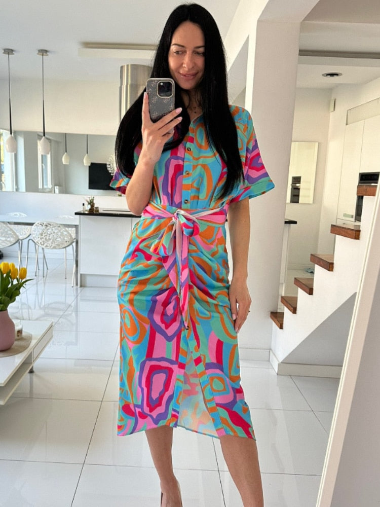 lovwvol New In Dress Women Clothing for Summer Printed Waist Tie-up Shirt Sexy Long Formal Occasion Dresses for Women 2023 Evening Dress