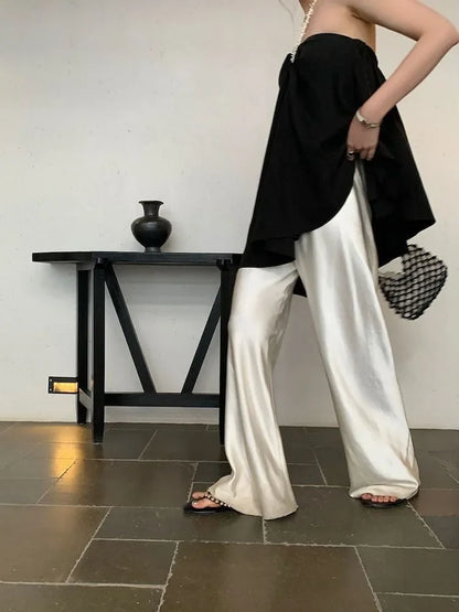 lovwvol Satin Wide Leg Pants Women Elegant Beige Trousers Casual Baggy Korean Style Summer 2024 Female Office Wear Black Pants