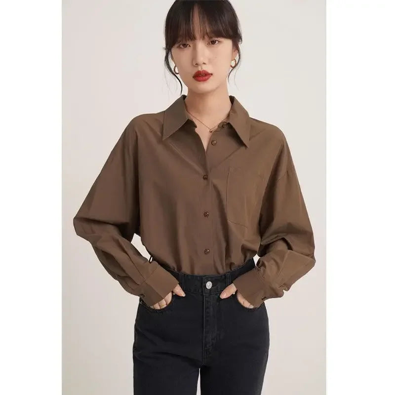 lovwvol Vintage Brown Shirts Women Blouses Office Wear Long Sleeve Elegant Ladies Casual Korean Fashion Loose Autumn Shirts