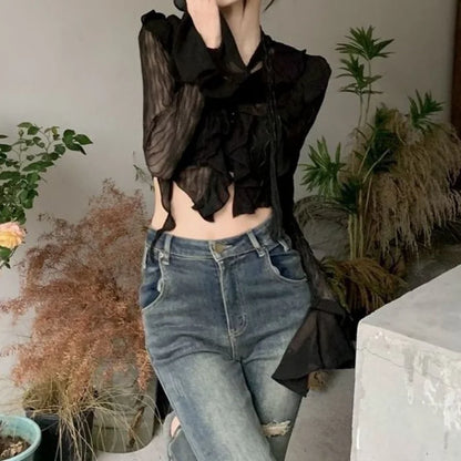 lovwvol Sexy Gothic Women Lace Blouses Grunge Y2k Crop Top Female Shirts Elegant Black Transparent Cardigan Korean Streetwear