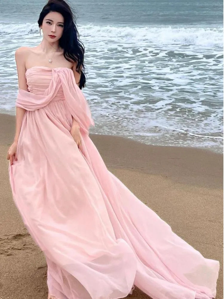 lovwvol Summer Pink Elegant Pleated High Waist Split Long Dress Women Fashion Backless Halter Strapless Fairy Dress Female 2024 Vestido