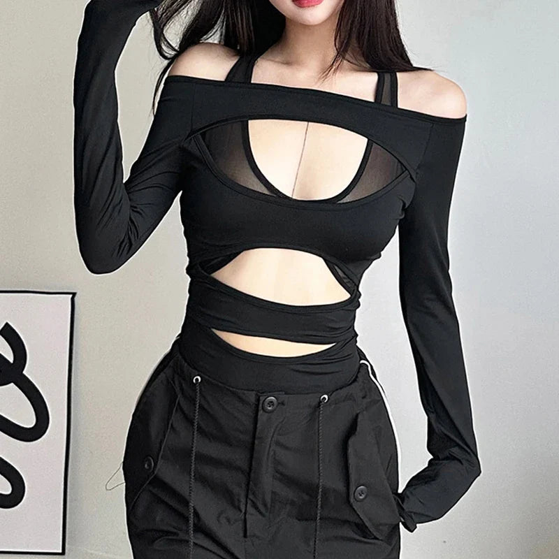 Cyber Y2k Punk Hollow Out Sexy Bodysuits Mall Gothic Bodycon Mesh Sheer T-shirts Women Long Sleeve Patchwork Bodysuit