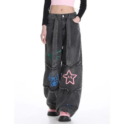 lovwvol American Vintage High Waist Straight Jeans Grunge Streetwear Tassels Print Pants Women's Casual Baggy Y2K Wide Leg Denim Trouser