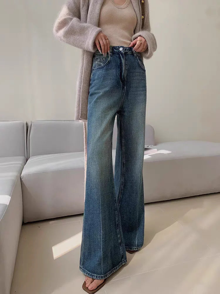 lovwvol Women's Retro High Waisted Loose Micro Flared Pants Casual Jeans Vintage American Street Female Straight Denim Trousers