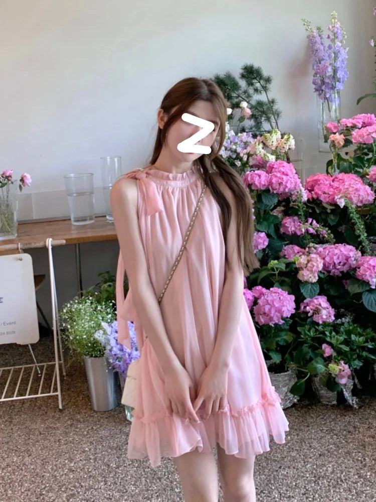 lovwvol Sweet Pink Y2k Mini Dress Party Women Casual Sleeveless Elegant Dress Korean Style Fashion Pure Color Dress Female Summer