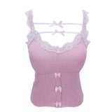 lovwvol Pink Crop Top Women Summer Cute Y2k Tops Lace Trim Bow Decoration Slim Camis Sweet Girl Lolita Style Aesthetic Kawaii Clothes